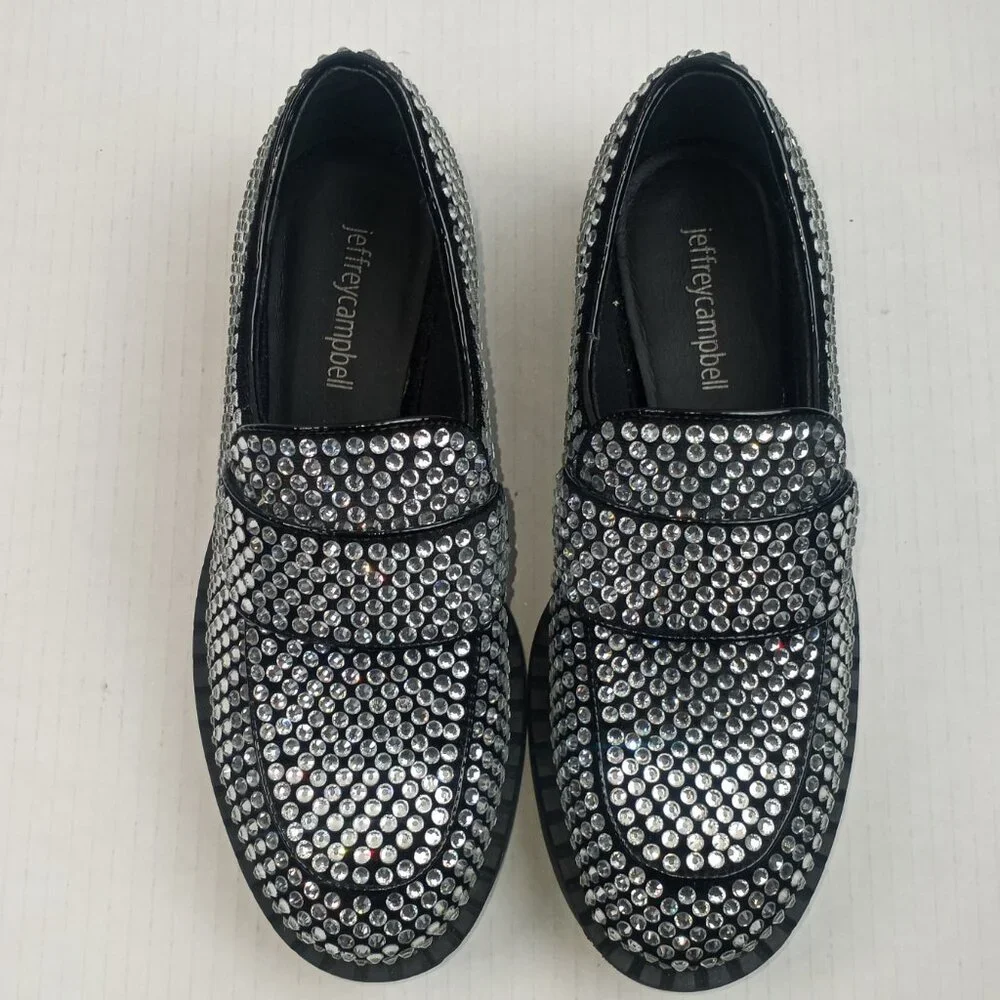 Jeffrey Campbell Black Loafers with Silver Rhinestones
